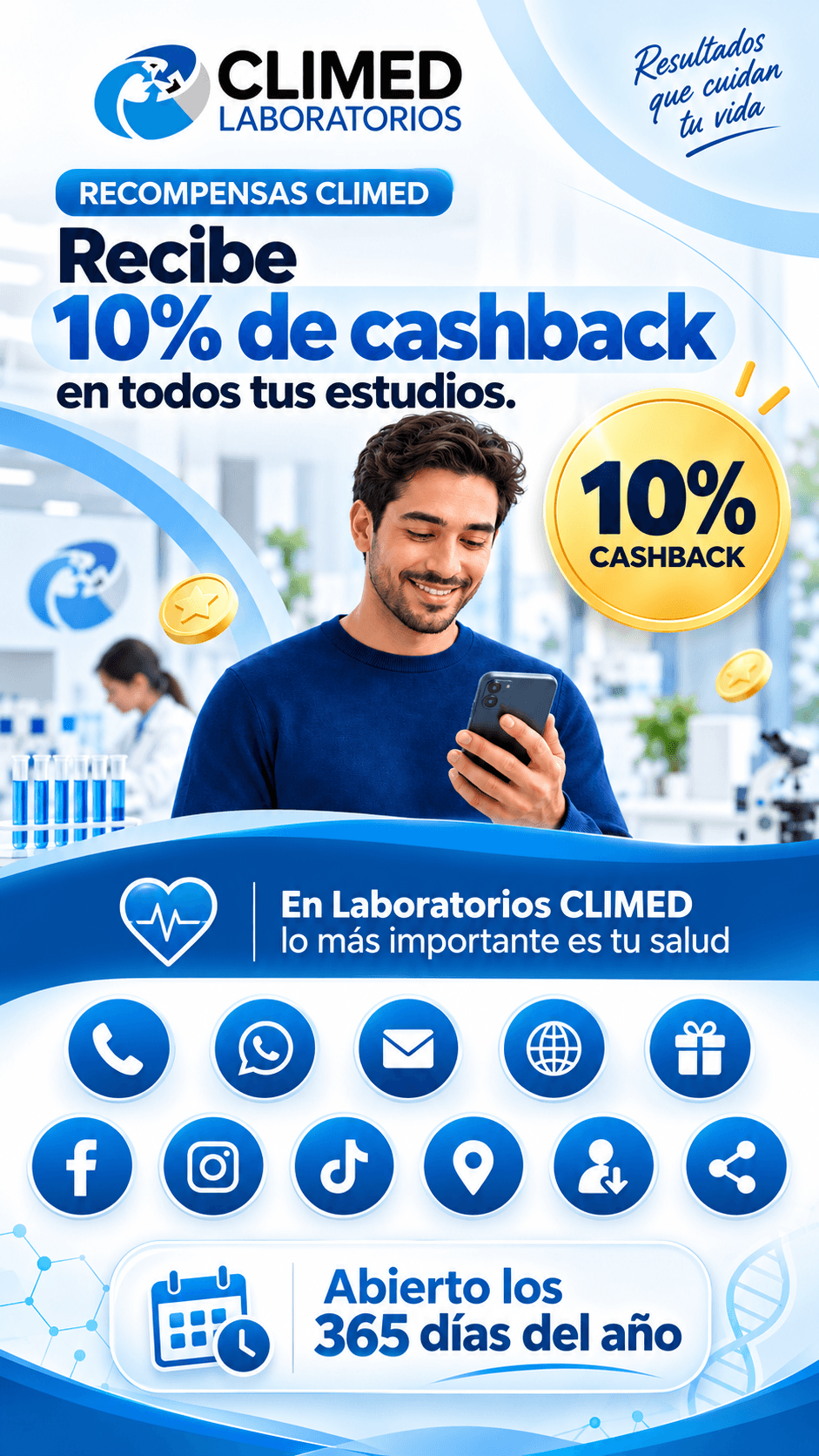Laboratorios CLIMED. Recompensas CLIMED: recibe 10% de cashback en todos tus estudios. Abierto los 365 días del año.
